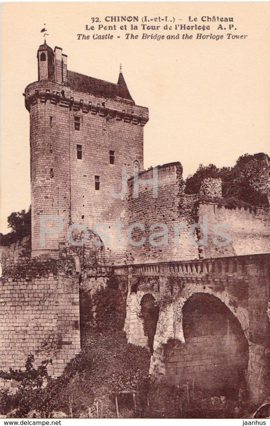 Chinon - Le Chateau - Le Pont et la Tour de l'Horloge - castle - 32 - 1934 - old postcard - France - used - JH Postcards