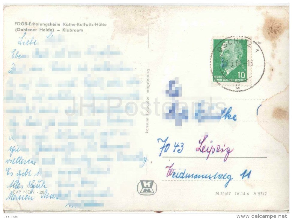 FDGB-Erholungsheim - Käthe-Kollowitz-Hütte - Klubraum - Germany - 1968 gelaufen - JH Postcards