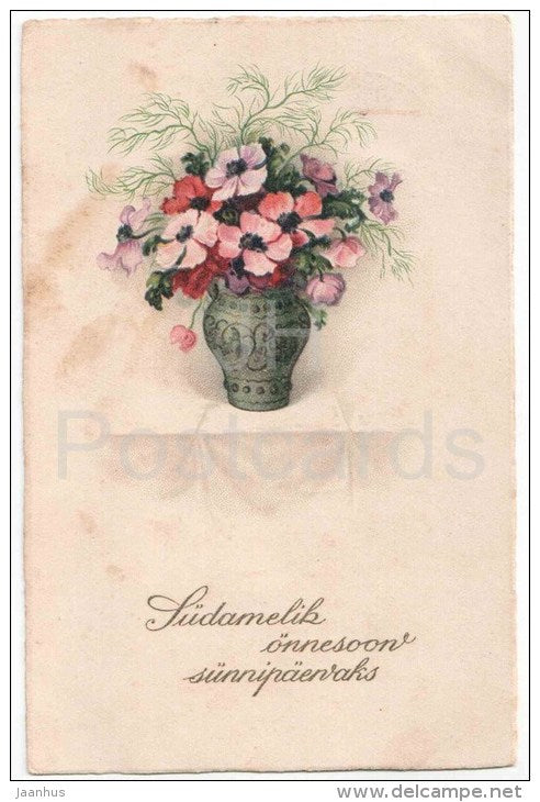 Birthday Greeting Card - flowers in the Vase - flowers - Erika - circulated in Estonia Leebiku 1926 - JH Postcards
