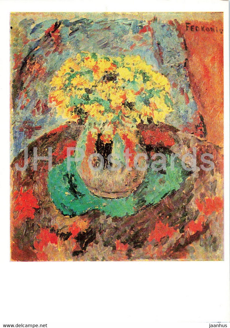 painting by Jerzy Fedkowicz - Kaczence w wazonie - flowers in a vase - Polish art - Poland - unused - JH Postcards