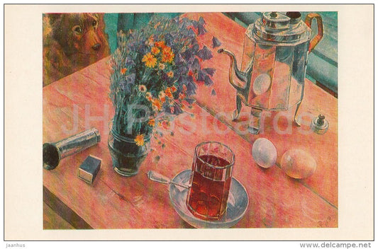 painting by K. Petrov-Vodkin - Morning Still Life , 1918 - tea can - eggs - flowers - Russia USSR - 1979 - unused - JH Postcards