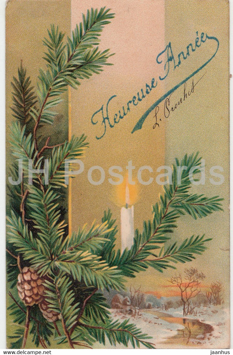 New Year Greeting Card - Heureuse Annee- fir cone - candle - illustration - old postcard - 1904 - France - used - JH Postcards