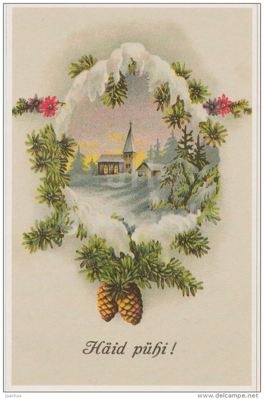 Christmas Greeting Card - church - illustration - cones - Estonia - used in 2000s - JH Postcards