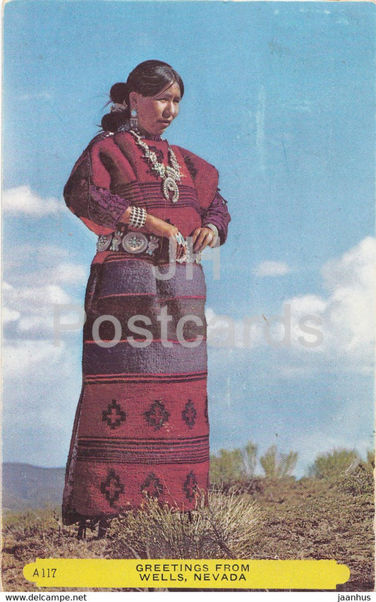 Greetings from Wells - Nevada - woman in folk costume - old postcard - 1953 - USA - used - JH Postcards