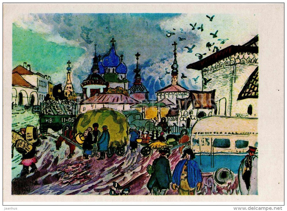 painting by T. Mavrina - Suzdal Market , 1957 - russian art - unused - JH Postcards