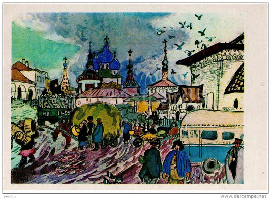 painting by T. Mavrina - Suzdal Market , 1957 - russian art - unused - JH Postcards
