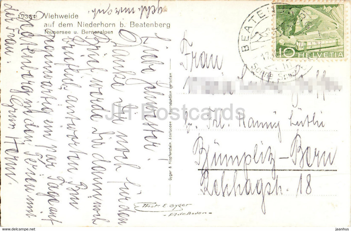 Viehweide auf dem Niederhorn b Beatenberg - Thunersee - animals - cow - 19354 - old postcard - Switzerland - used