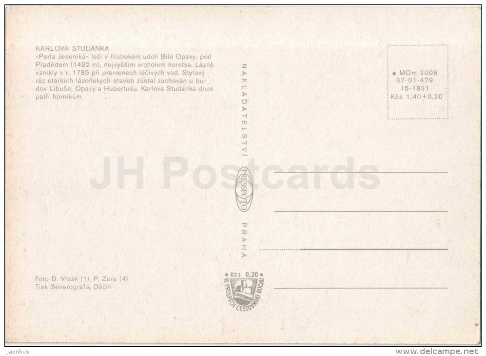 Jesenik - Karlova Studanka - spa - Czechoslovakia - Czech - unused - JH Postcards
