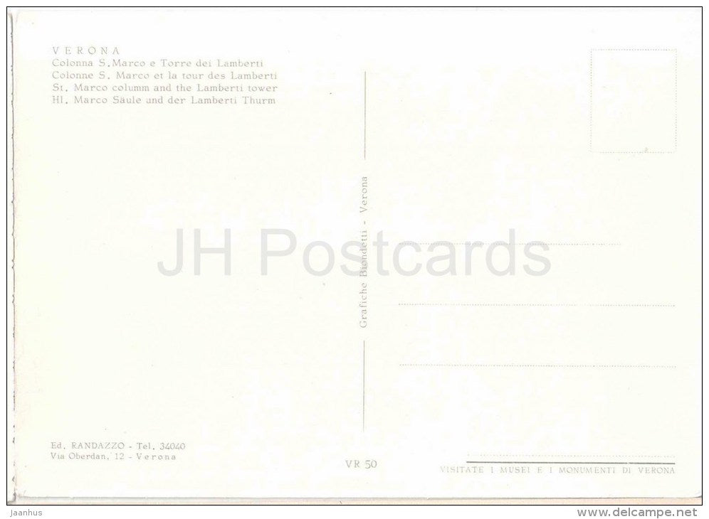 Colonna S. Marco e Torre dei Lamberti - St. Marco Column - Verona - Veneto - VR 50 - Italia - Italy - unused - JH Postcards