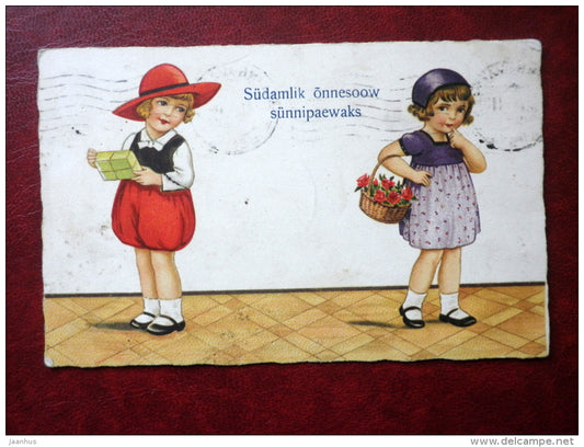 Birthday Greeting Card - children - gift - flower basket - AMAG 2282 - circulated in Estonia 1931 , Tallinn - used - JH Postcards