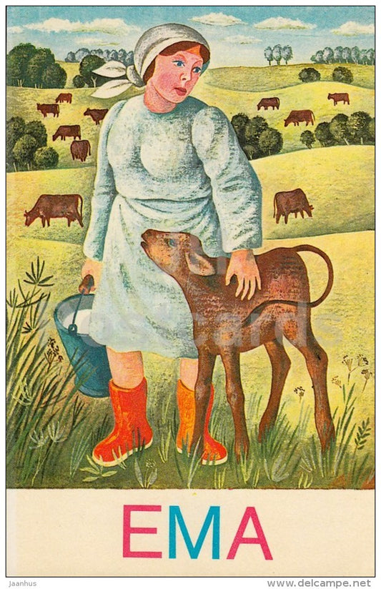 milker - calf - I am Reading - Teaching reading to children by J. Tammsaar - 1980 - Estonia USSR - unused - JH Postcards