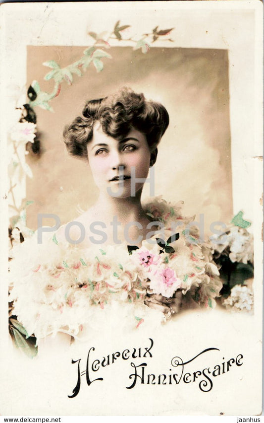 Birthday Greeting Card - Heureux Anniversaire - woman - old postcard - France - used - JH Postcards