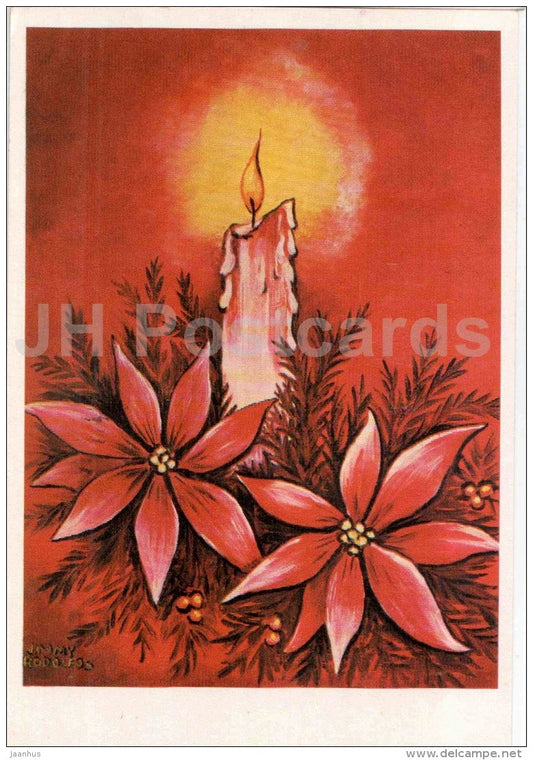 Christmas Greeting Card - candles - illustration J. Rodolfos - stamp - Finland - used in 1992 - JH Postcards