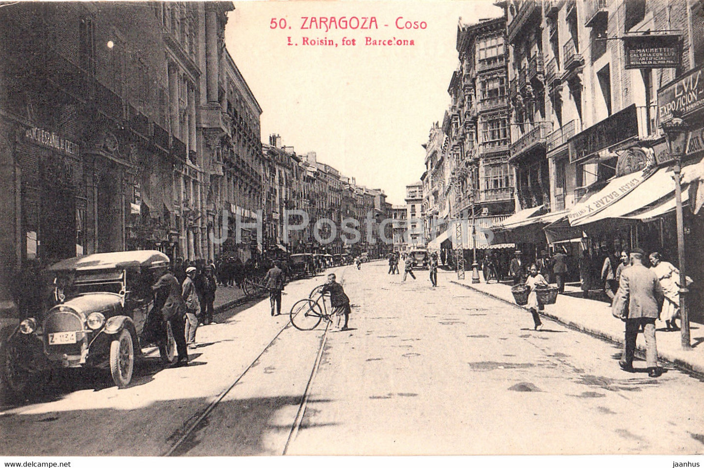 Zaragoza - Coso - old car - cathedral - old postcard - 50 - Spain - unused - JH Postcards