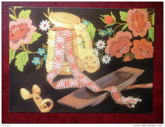 New Year Greeting card - beer mug - belt of folk costumes - vessel - 1975 - Estonia USSR - unused - JH Postcards