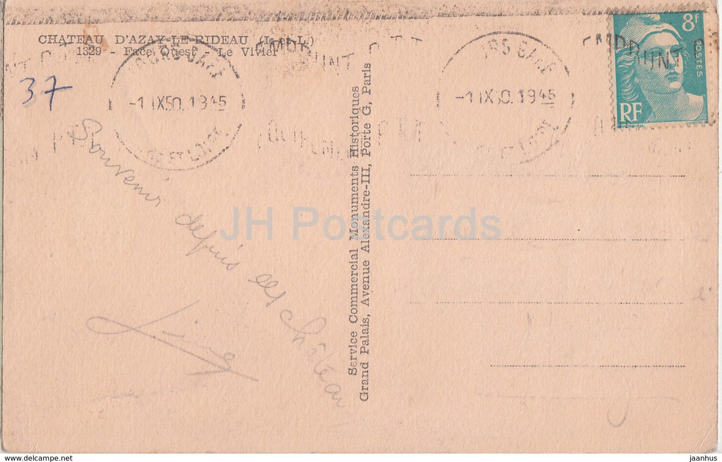 Chateau d' Azay Le Rideau - Face Ouest - Le Vivier - Schloss - 1329 - alte Postkarte - 1945 - Frankreich - gebraucht