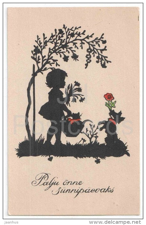 Birthday Greeting Card - Silhouette - flowers - girl - dog - old postcard - unused - JH Postcards