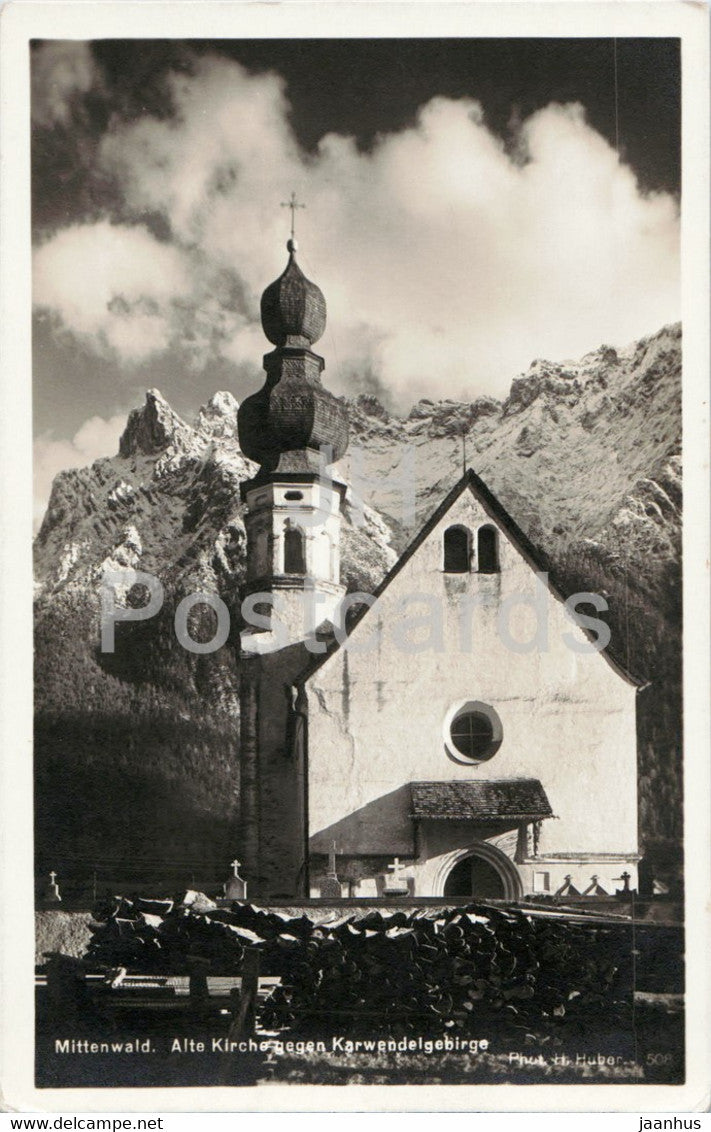 Mittenwald - Alte Kirche gegen Karwendelgebirge - Deutsche Heimatbilder - church - old postcard - Germany - unused - JH Postcards
