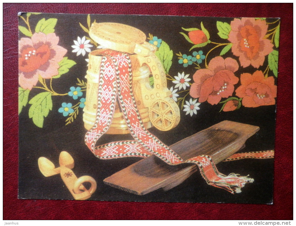 New Year Greeting card - beer mug - belt of folk costumes - vessel - 1975 - Estonia USSR - used - JH Postcards