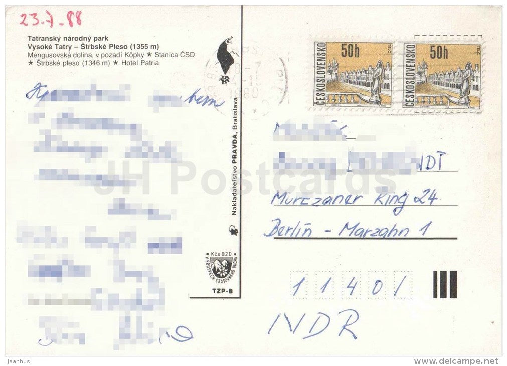 hotel Patria - Mengusovska Valley - Vysoke Tatry - High Tatras - Strbske Pleso - Czechoslovakia - Slovakia - used 1988 - JH Postcards