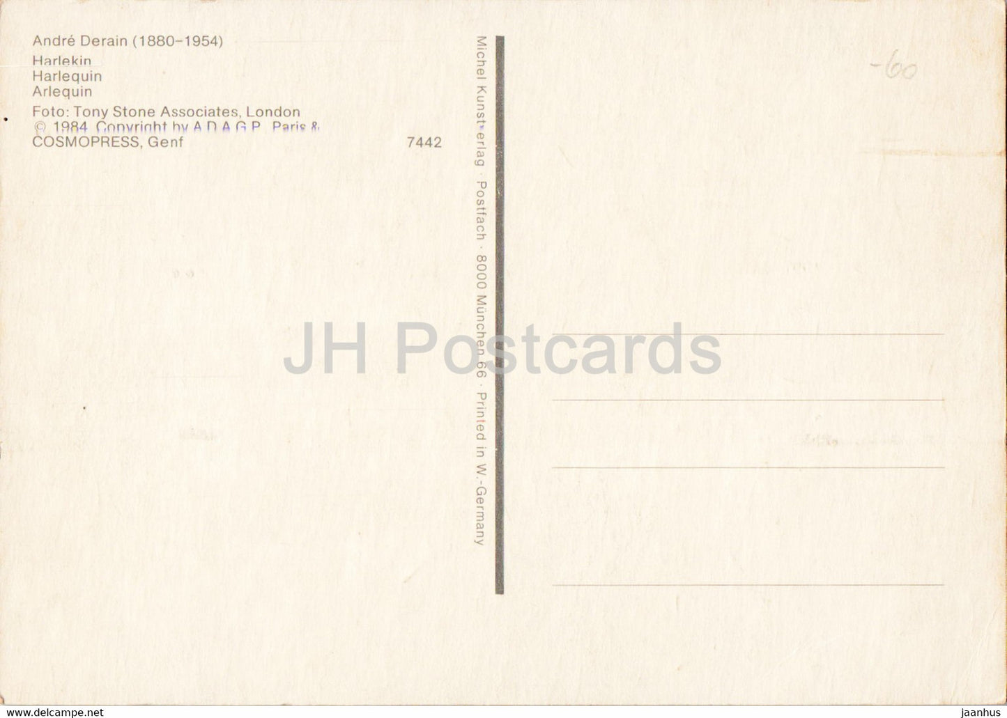 painting by Andre Derain - Harlekin - Arlequin - guitar - french art - Germany - unused