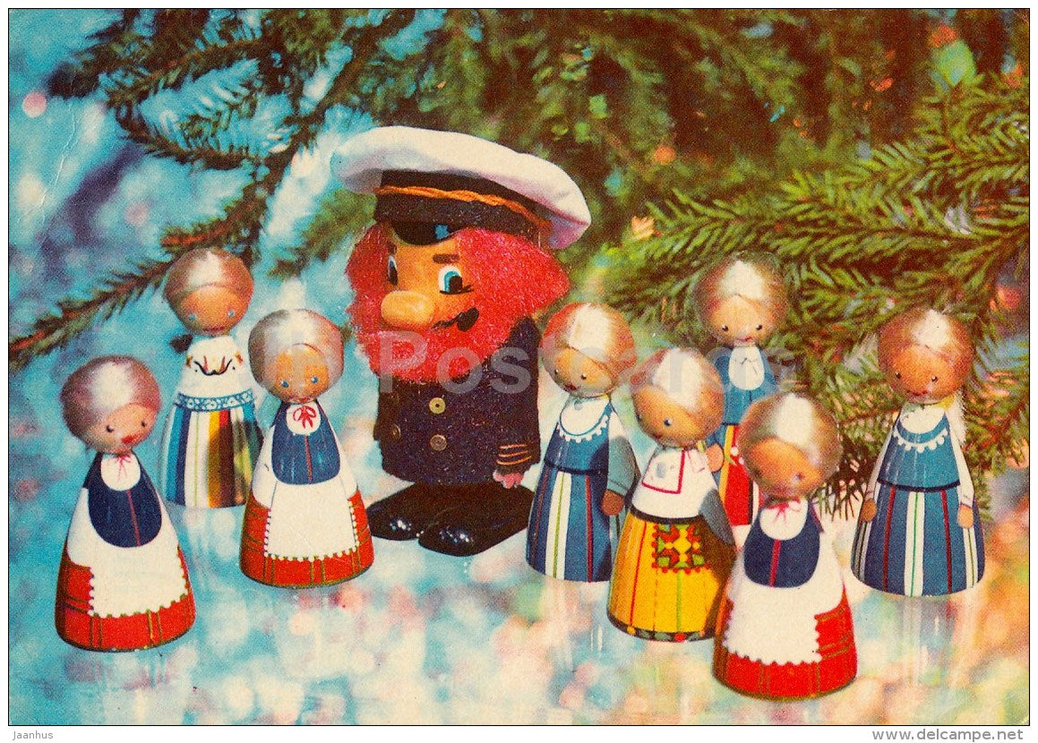 New Year Greeting card - wooden dolls - Estonian national costumes - captain - 1979 - Estonia USSR - used - JH Postcards