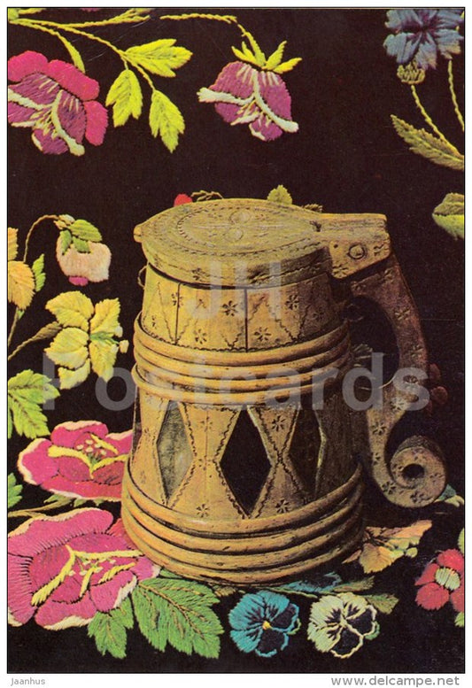 New Year Greeting card - 3 - beer mug - embroidered quilt - 1983 - Estonia USSR - used - JH Postcards