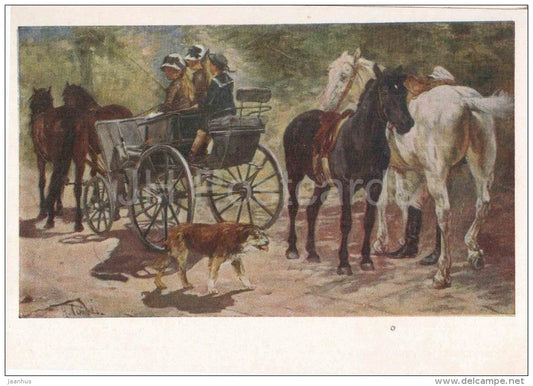 painting by N. Samokish - Promenade , 1884 - dog - horse carriage - russian art - unused - JH Postcards