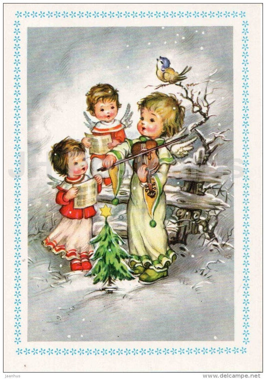 Christmas Greeting Card - illustration - angels - bird - violin - boy - stamp - Finland - used in 1995 - JH Postcards