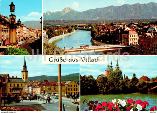 Grusse aus Villach - Hauptplatz - Draubrucke - Heiligenkreuzkirche - multiview - 1968 - Austria - used - JH Postcards