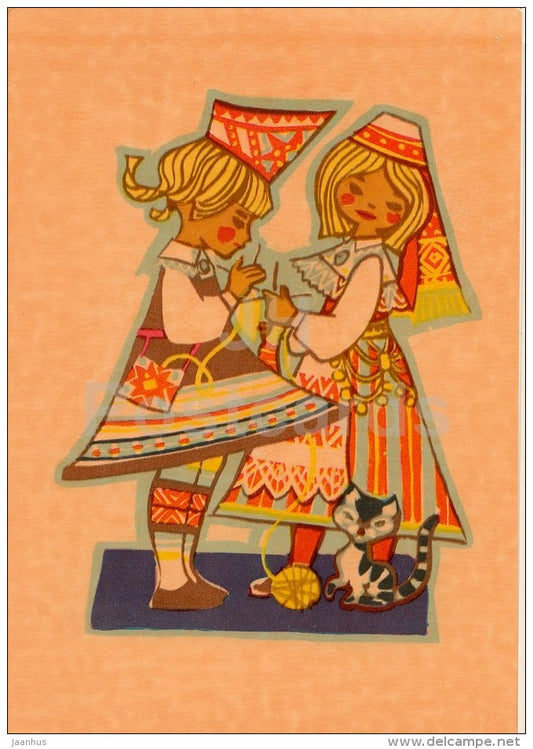 illustration by M. Fuks - knitting - cat - Estonian Folk Costumes - 1969 - Estonia USSR - unused - JH Postcards