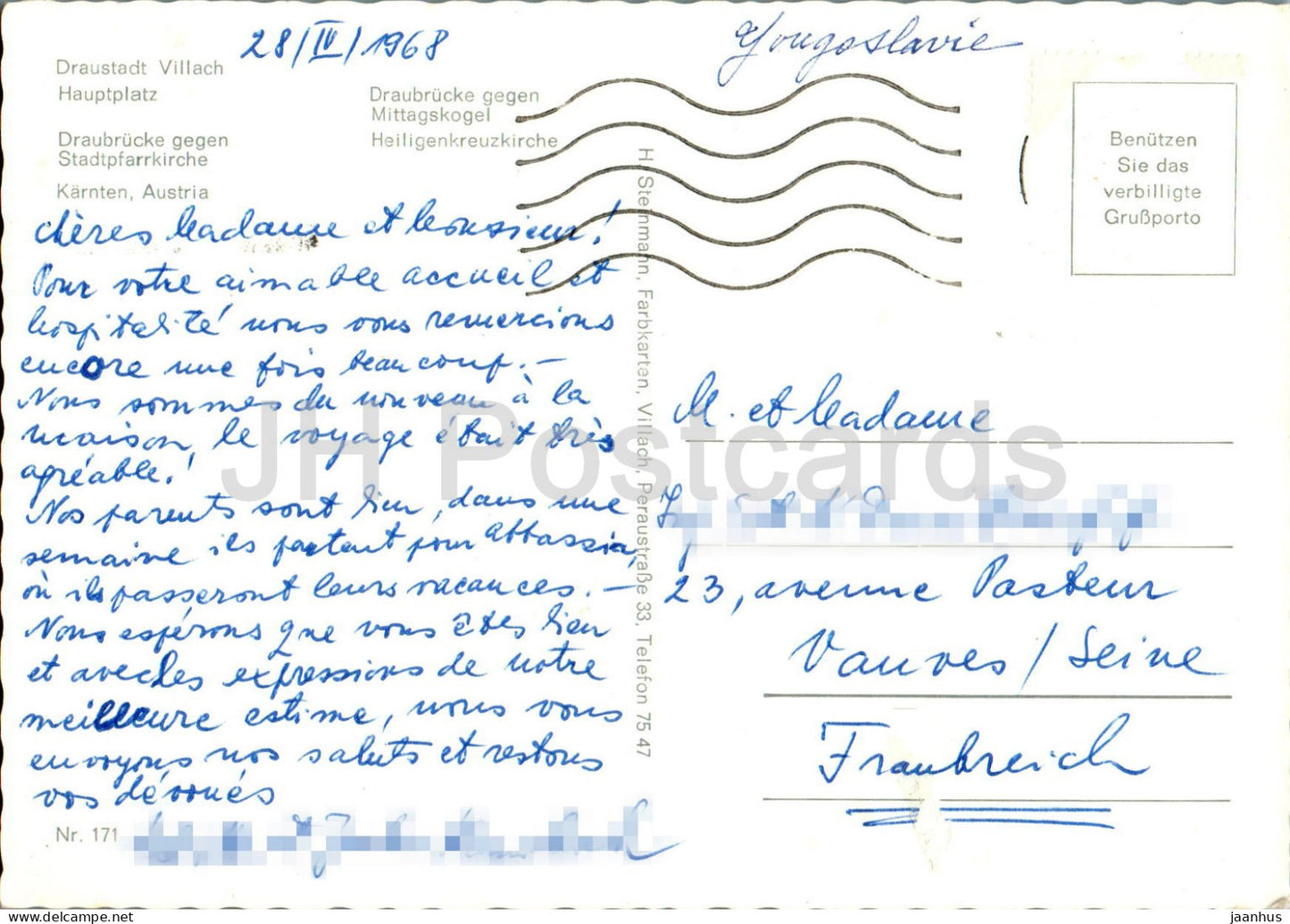 Grusse aus Villach - Hauptplatz - Draubrucke - Heiligenkreuzkirche - multiview - 1968 - Autriche - utilisé 