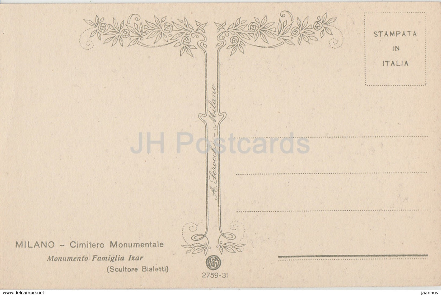 Mailand - Mailand - Cimitero Monumentale - Monumento Famiglia Izar - Friedhof - alte Postkarte - Italien - unbenutzt
