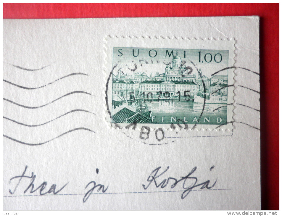 illustration by Sarah Kay - girl and boy kissing - 3409/6 - Finland - sent from Finland Turku to Estonia USSR 1979 - JH Postcards