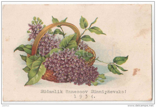 Birthday Greeting Card - Lilac in the Basket - flowers - KJ Tartu 19 - circulated in Estonia 1934 - JH Postcards