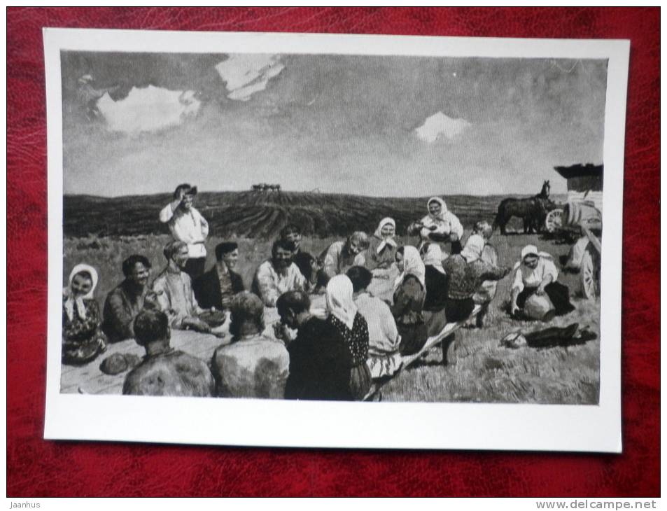 Illustration by O. G. Vereysky - Davydov at the field camp, Sholokhov novel - rural life - russian art - unused - JH Postcards