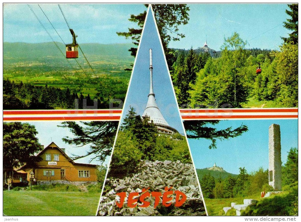 View from JESTED to Liberec - monument to labor movement - Jested - Czech - Czechoslovakia - used 1977 - JH Postcards
