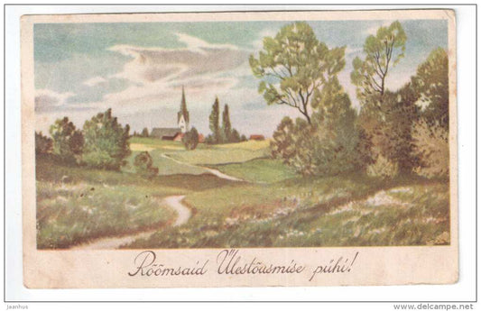 Easter greeting card - landscape - church - WO 15 - old postcard - Estonia - unused - JH Postcards