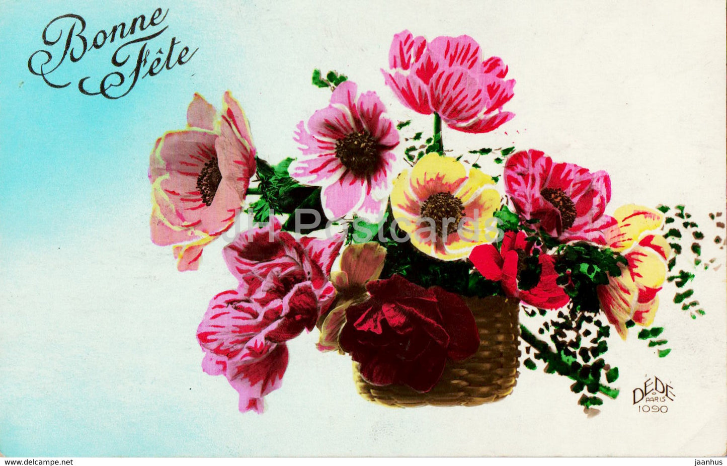 Greeting Card - Bonne Fete - flowers in a basket - Dede Paris 1090 - old postcard - 1927 - France - used - JH Postcards