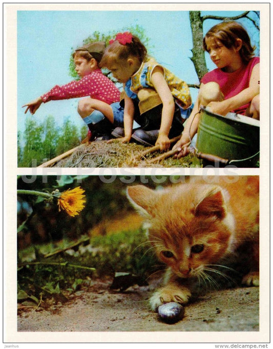 children fishing - kitten - Nature Encounter - 1973 - Russia USSR - unused - JH Postcards