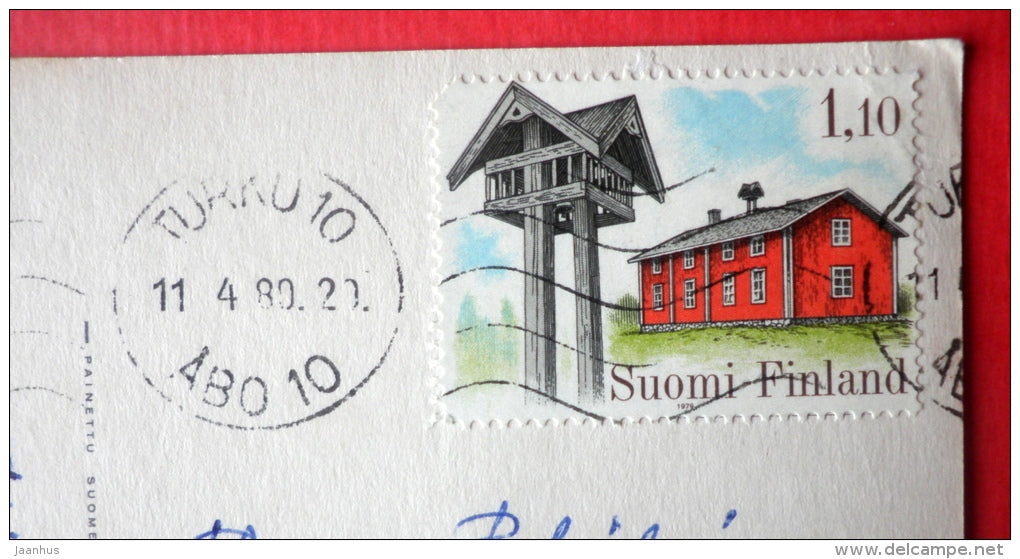 illustration by Lee - boy and girl reading - hare - 3880/4 - Finland - sent from Finland Turku to Estonia USSR 1980 - JH Postcards