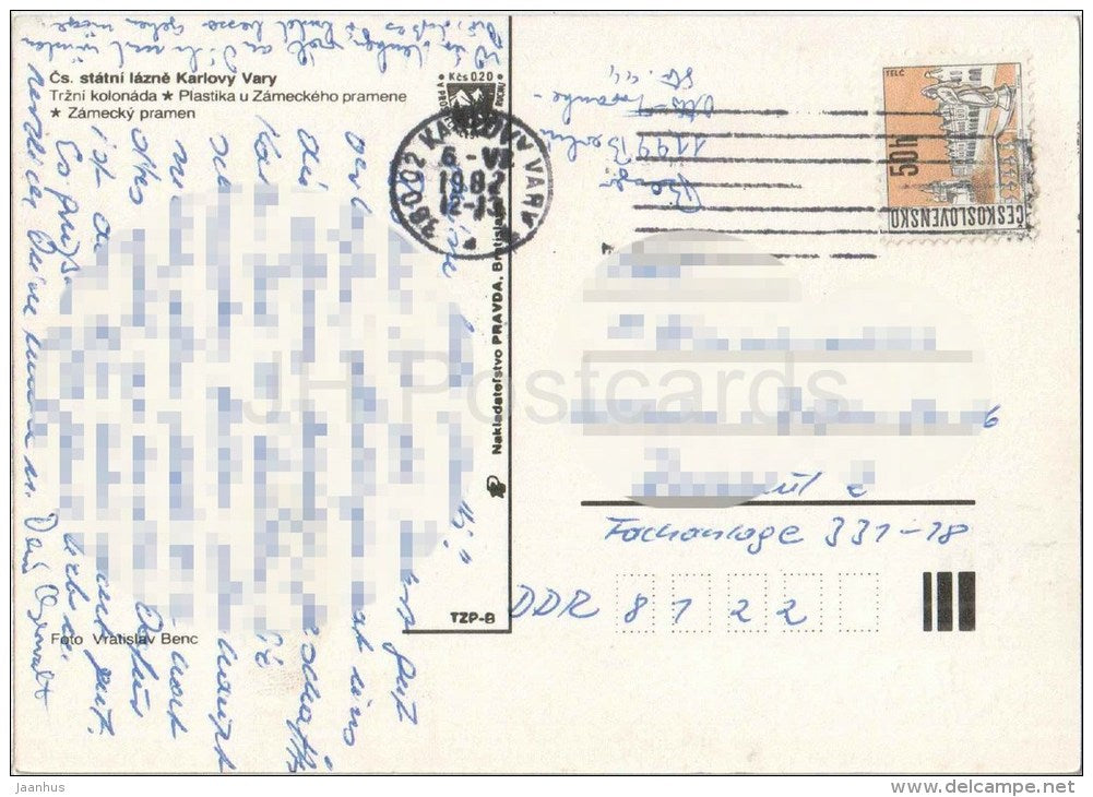 Karlovy Vary - Market Colonnade - sculpture at Castle Spring - Czechoslovakia - Czech - used in 1982 - JH Postcards