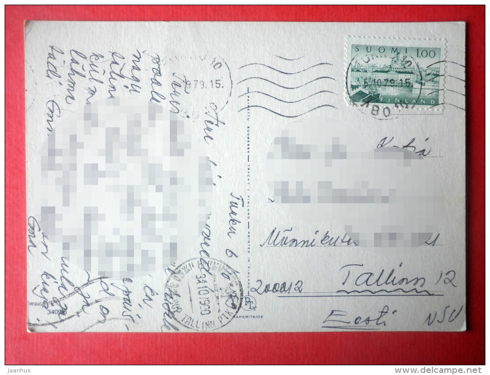 illustration by Sarah Kay - girl and boy kissing - 3409/6 - Finland - sent from Finland Turku to Estonia USSR 1979 - JH Postcards