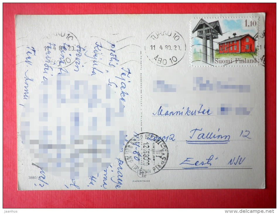 illustration by Lee - boy and girl reading - hare - 3880/4 - Finland - sent from Finland Turku to Estonia USSR 1980 - JH Postcards