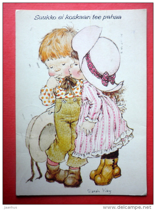 illustration by Sarah Kay - girl and boy kissing - 3409/6 - Finland - sent from Finland Turku to Estonia USSR 1979 - JH Postcards