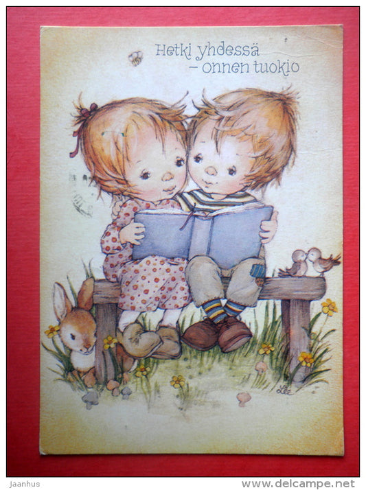 illustration by Lee - boy and girl reading - hare - 3880/4 - Finland - sent from Finland Turku to Estonia USSR 1980 - JH Postcards
