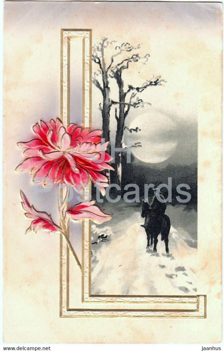 flowers - horse rider - illustration - old postcard - 1907 - used - JH Postcards