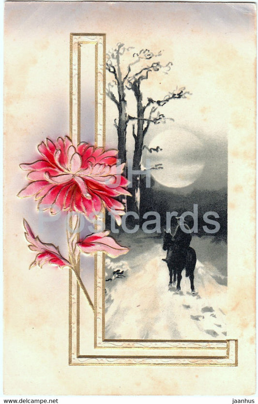 flowers - horse rider - illustration - old postcard - 1907 - used - JH Postcards