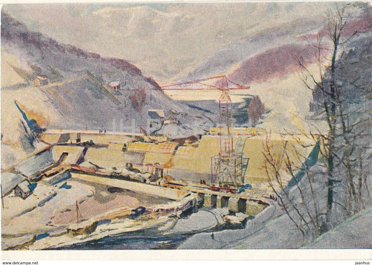 painting by A. Boretsky - Transcarpathian HPP - Hydro Power Plant - Russian art - 1957 - Russia USSR - unused - JH Postcards