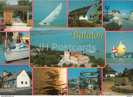 Greetings from Balaton - sailing boat - view - multiview - 1997 - Hungary - used - JH Postcards